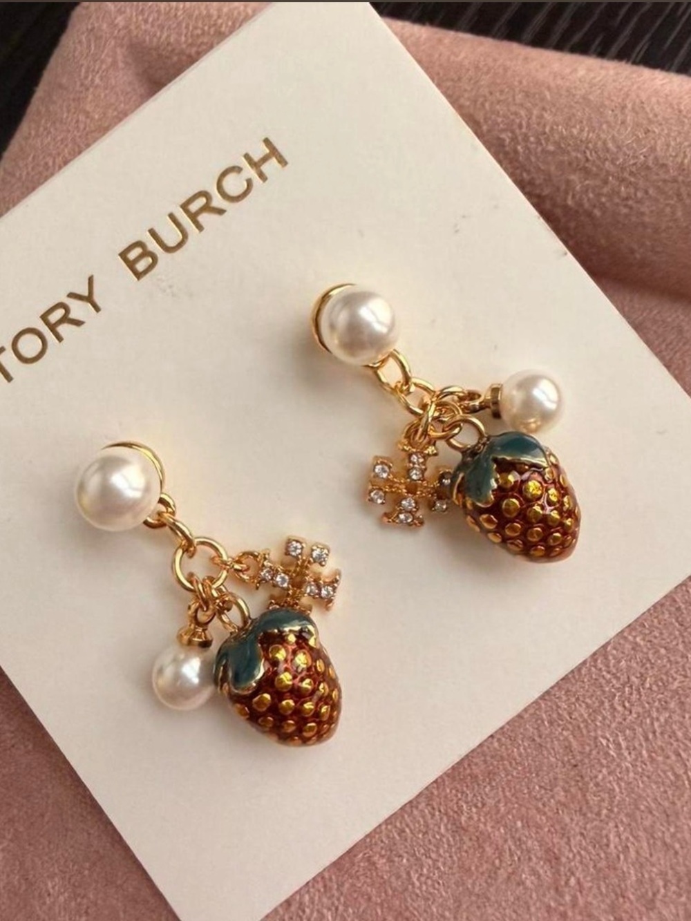 Tory Burch Gold Drop Earrings with Green-Accented Red Strawberry Charms